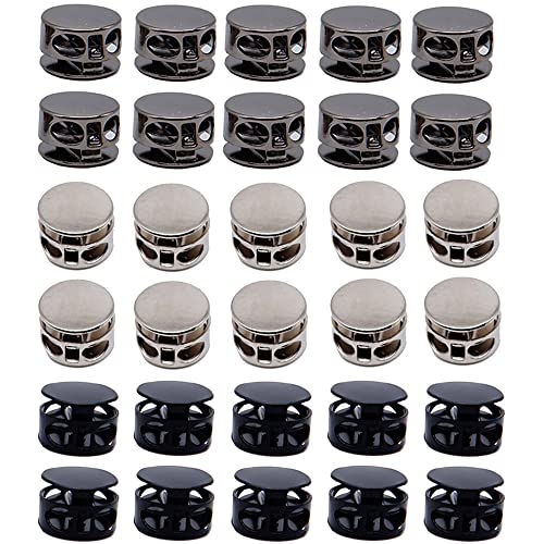 CHENNAN 30 Stück runder Kordelstopper robuster Kordelstopper Stopper Spring Cord Locks für Dress Drawstring Backpack Rope Shoelaces Rucksack (Silber + Pistolenfarbe + Mattschwarz) von CHENNAN