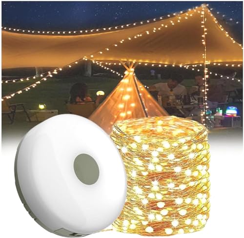 Wasserdichte tragbare verstaubare Lichterkette für den Außenbereich, 2 in 1 LED Lichterkette Außen, Wiederaufladbare Campinglampe, Einziehbare LED Zeltleuchte für Outdoor Camping Hof Dekor (10M, Warm) von CHENRI
