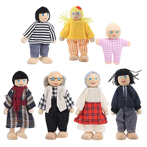 CHEOTIME Dollhouse Familie Holzpuppen Set, Flexible Körperrolle Spielzahlen 6PCS handgefertigtes Miniatur -Menschen Spielzeug für Kinder einfallsreiche Aktivitäten (7 Marionette) (7 Neue Puppen) von CHEOTIME