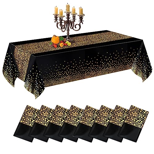 CHEPULA Einweg Tischdecke, [8 Stück] Wasserdicht Geburtstag Tischdecken, Rechteckig Tischtuch Geeignet für Party, Kindergeburtstag, Hochzeit, Weihnachten, 137 x 274 cm, Schwarz & Gold von CHEPULA