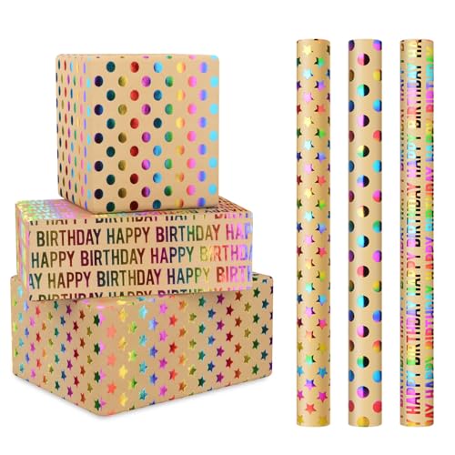 CHEPULA Geschenkpapier Geburtstag 3 Rollen, 43 cm x 300 cm Glitzernde Geschenkpapierrolle Erwachsene Kinder, Braun Kraftpapier Recycelbar Geschenk Papier, Birthday Gift Wrapping Paper für Geburtstag von CHEPULA