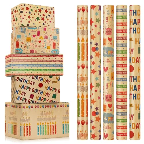 CHEPULA Geschenkpapier Geburtstag Kinder 5 Rollen, 43 cm x 300 cm Geschenkpapierrollen Jungen, Braun Kraftpapier Recycelbar Geschenk Papier, Birthday Gift Wrapping Paper für alle Geburtstagsanlässe von CHEPULA