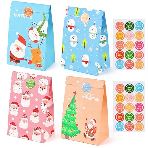 CHEPULA Geschenktüten Weihnachten, 24 Stück Klein Weihnachtstüten, Bunt Papiertüten Xmas mit 30 Aufkleber, Kraft Papier Geschenk Tüten für Weihnachten Süßigkeiten Party von CHEPULA