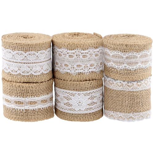 CHEUKYIU Juteband mit Spitze, 5cm Breite Hellbraun Jute Spitzenband, Jute Spitze Dekoband für Hochzeit Party Dekoration, DIY Handwerk (6 Rollen x 2m) von CHEUKYIU
