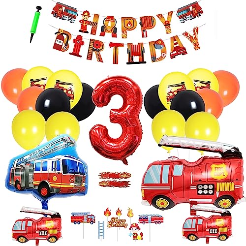 CHEVVY 36Stk. Feuerwehr Geburtstag Deko 3 jahre Junge Folienballon Luftballon Feuerwehr Luftballons 3 Kindergeburtstag mit Aufblasbarem Schlauch Happy Birthday Deko für Feuerwehr Party von CHEVVY