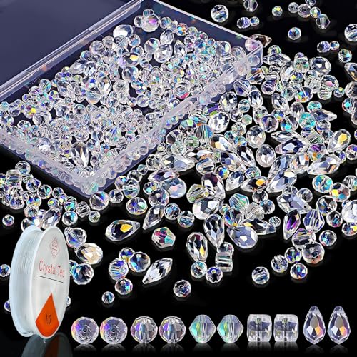 CHEVVY 800 Stk. Facettierte Glasperlen Kristallperlen mit 5m Gummiband Glänzend Perlen Kristal AB-Farbe Perlen für Basteln Schmuckherstellung Halsketten Ohrringe (4/6/8mm) von CHEVVY