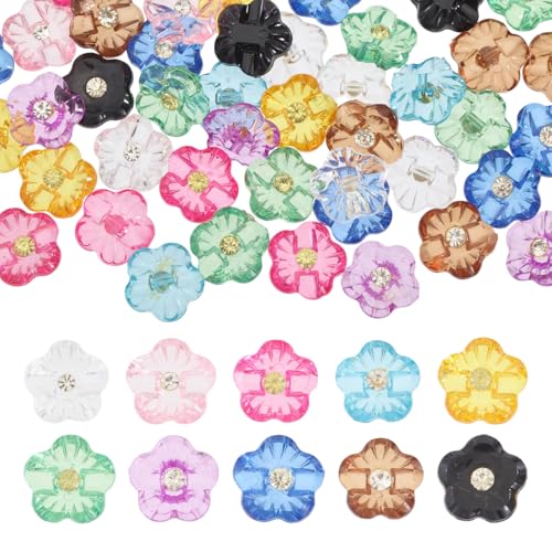 CHGCRAFT 100 Stück 10 Farbe Blumen Strassknöpfe Knöpfe in Blumenform 1 Loch Mantelknöpfe Dekorative Kunststoffknöpfe zum Annähen für Handarbeiten von CHGCRAFT
