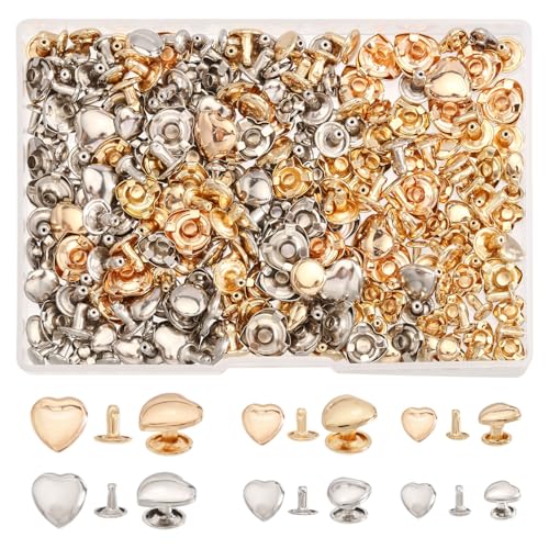 CHGCRAFT 180 Stück 6 Stil Herz Nieten Herzförmige Nietknöpfe Dekorative Punktknöpfe Knopfnieten Bekleidungszubehör für Taschen, Geldbörsen, DIY Bastelarbeiten, Silber Gold von CHGCRAFT