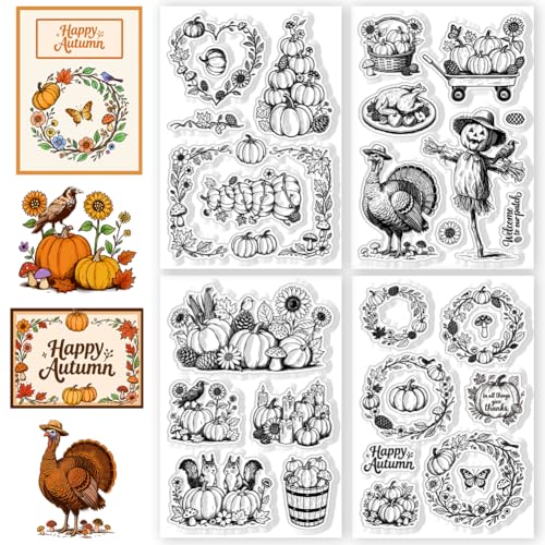 CHGCRAFT 4 Blätter 4 Stil Herbst Thema Clear Stempel Vintage Kürbisse Thanksgiving Elemente Silikondichtung für DIY Scrapbooking und Kartenherstellung Papier Handwerk Dekor 6,3 × 4,3 Zoll von CHGCRAFT
