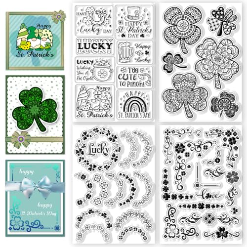 CHGCRAFT 4 Blätter St. Patrick's Day Clear Stamps Gnom Vierblättriges Kleeblatt Kranz Grußworte Transparente Stempel Silikonstempel Siegel für DIY Scrapbooking Kartenherstellung Fotoalbum von CHGCRAFT