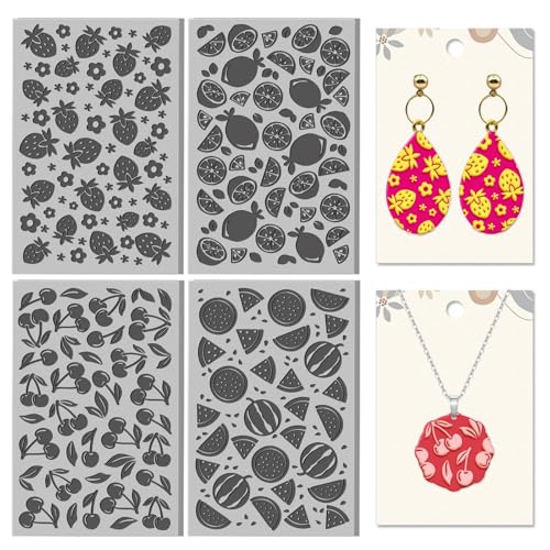 CHGCRAFT 4 Blatt Obstelemente Ton Textur Matte Linie Erdbeere Zitrone Muster Polymer Ton Textur Blätter DIY Werkzeuge für Keramik Ohrringe Schmuck Herstellung Stempel Graviermaschinen, 9,9 x 6,6 cm von CHGCRAFT