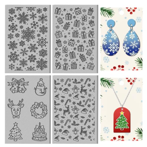 CHGCRAFT 4 Blatt Weihnachtston-Texturmatte, Schneeflocken-Muster, Polymer-Ton, Texturbögen, DIY-Werkzeuge für Töpferei, Ohrringe, Schmuckherstellung, Stempel, Graviermaschinen, 9,9 x 6,6 cm von CHGCRAFT