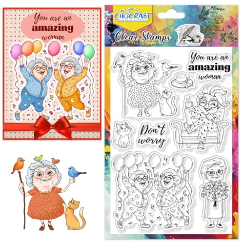 CHGCRAFT Glückliche Lustige alte Dame Clear Stempel Katze Ballon Transparent Handwerk Stempel für DIY Scrapbooking Fotoalbum Dekorative, 6,3x4,3 Zoll von CHGCRAFT