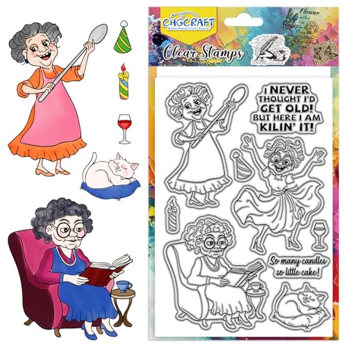 CHGCRAFT Glückliche alte Dame Clear Stempel Cat Book Transparente Bastelstempel für DIY Scrapbooking Fotoalbum dekorative Karten machen, 6,3x4,3 Zoll CHGCRAFT Glückliche alte Dame Clear Stempel Cat Book Transparente Bastelstempel für DIY Scrapbooking Fotoalbum dekorative Karten machen, 6,3x4,3 Zoll von CHGCRAFT