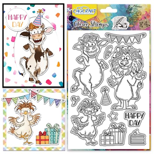 CHGCRAFT Glückliches Tier Clear Stempel Kuh Huhn Löwe Transparente Briefmarken Tier Party Klare Silikon Stempel Siegel für Carding Making DIY Scrapbooking Fotoalbum Dekoration, 4,3x6,3 Zoll von CHGCRAFT