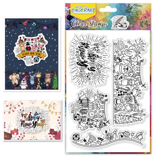 CHGCRAFT Happy New Year Clear Stamps Cartoon Animals Silicone Stamps for Crafting Transparent Silicone Stamp Seals for DIY Scrapbooking Card Making Photo Album Postcard Decoration von CHGCRAFT