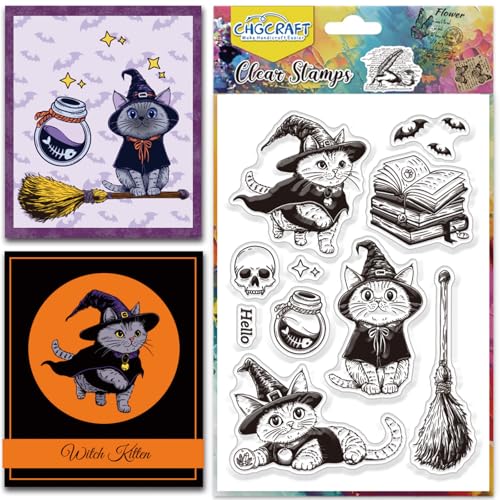 CHGCRAFT Hexe Katze Buch Clear Stempel Silikon Klar Stempel Transparent Handwerk Stamps für DIY Scrapbooking Fotoalbum dekorative Karten machen, Katze Form, 6.3x4.3 Zoll von CHGCRAFT