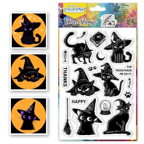 CHGCRAFT Hexen Festival schwarze Katze klare Stempel Magisches Buch transparente Stempel Kristallkugel Silikon klare Stempel Siegel für DIY Scrapbooking Fotoalbum Dekoration, 4,3x6,3 Zoll von CHGCRAFT