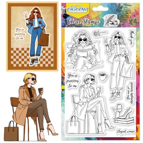 CHGCRAFT Modische Dame Lesen Clear Stempel Moderne Frau Transparente Kunsthandwerksstempel für DIY Scrapbooking Fotoalbum Dekorativ, Elegantes Temperament, 6.3x4.3 Zoll von CHGCRAFT