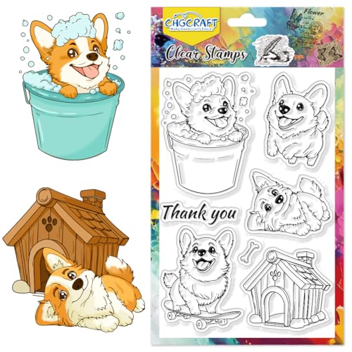 CHGCRAFT Niedlicher Corgi Clear Stempel Hunde spielen Transparente Bastelstempel für DIY Scrapbooking Fotoalbum dekorative Karten machen, 6,3x4,3 Zoll von CHGCRAFT