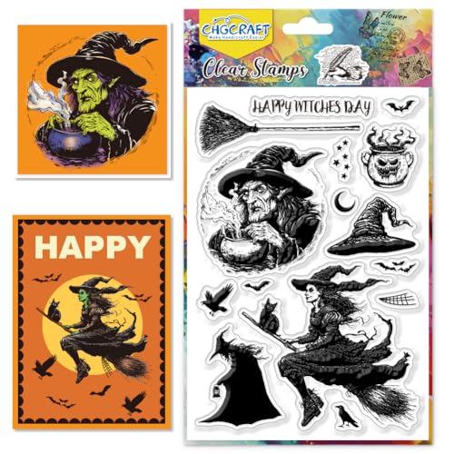 CHGCRAFT Realistische Hexe Clear Stamps Zaubertrank Transparent Stamps Besen Silikon Clear Stamp Siegel für DIY Scrapbooking Fotoalbum Dekoration, 4.3x6.3 Zoll von CHGCRAFT