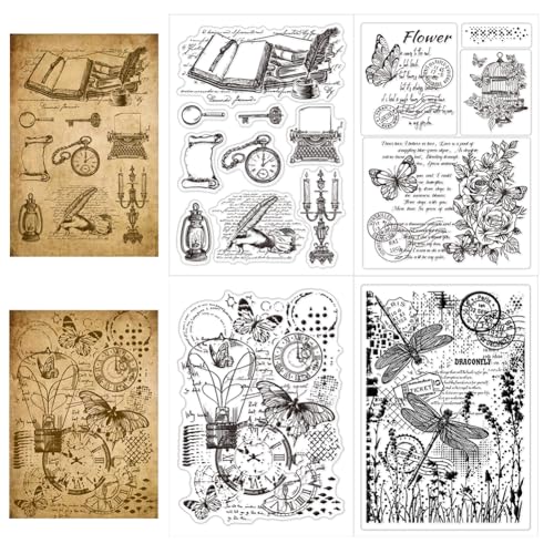 CHGCRAFT Silikon Stempel Retro Patterns Schmetterlinge Blumen Bücher Plastikstempel für DIY Scrapbooking Fotoalbum Dekorative Karten machen Stempel für Urlaub Karten machen Album Handwerk von CHGCRAFT