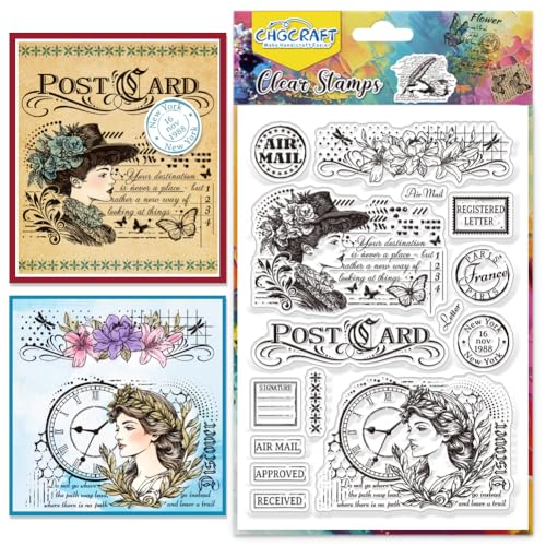 CHGCRAFT Vintage Ladies Clear Stamps Postkarte Transparent Stamps Brief Silikon Clear Stamp Dichtungen für DIY Scrapbooking Fotoalbum Dekoration, 4,3x6,3 Zoll von CHGCRAFT