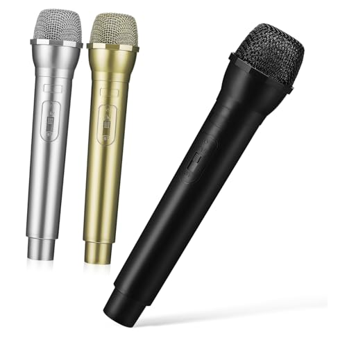 CHICAMPERA 3 Stück Mikrofon Requisiten Realistische Attrappe für Rollenspiele Partys und Karaoke Farbvarianten Schwarz Gold Silber Leicht zu Halten Bedienen von CHICAMPERA