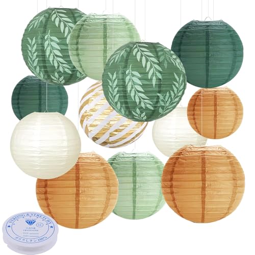 12 Stück Papierlaternen Salbeigrün, Papierlampion mit 50m Angelschnur, Papierlaterne Rund Hängende Papierlaternen, Classic Gerippter Papier Laterne für Hochzeit Gartenparty (Ø 20cm/25cm/30cm) von CHICHI:OÜ