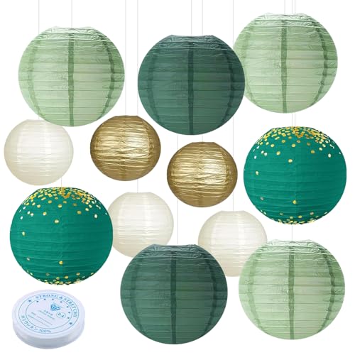 12 Stück Papier Lampions Grün Gold, Salbeigrün Papierlampion mit 50m Angelschnur, Rund Hängende Papierlaternen Lampions Party Deko Papierlampion für Hochzeit Gartenparty (Ø 20cm/25cm/30cm) von CHICHI:OÜ