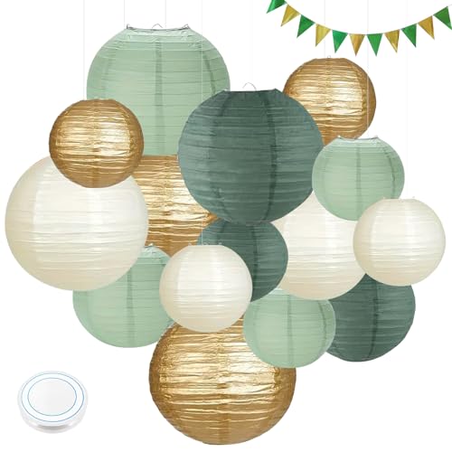 15 Stück Grün Gold Papierlaterne Lampion, Runde Hängende Papierlaternen mit Wimpel und Angelschnur, Salbeigrün Lampions für Brauthochzeitsdekoration, Gartenparty Dekoration (Größe: 25cm, 20cm, 15cm) 15 Stück Grün Gold Papierlaterne Lampion, Runde Hängende Papierlaternen mit Wimpel und Angelschnur, Salbeigrün Lampions für Brauthochzeitsdekoration, Gartenparty Dekoration (Größe: 25cm, 20cm, 15cm) von CHICHI:OÜ
