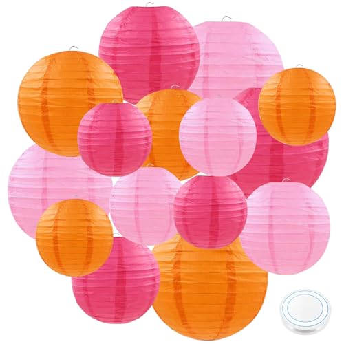 15 Stück Rosa und Orange Papierlaterne Lampion, Runde Dekorative Papierleuchter mit Angeldraht für Brauthochzeits Dekorationen, Gartenparty-Dekorationen (Größen: 4 inch, 6 inch, 8 inch, 10 inch) von CHICHI:OÜ