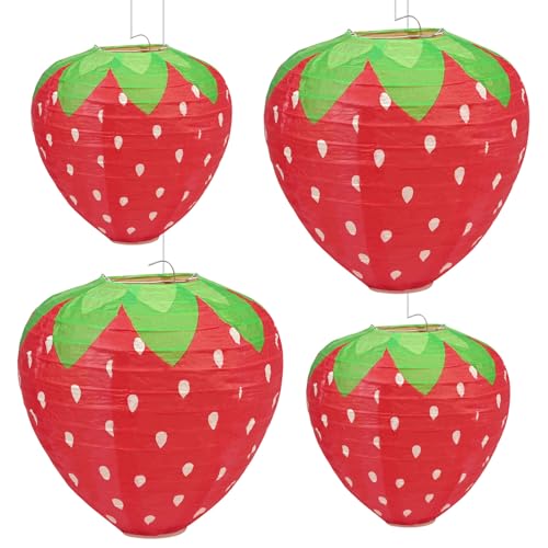4 Erdbeer Papierlaternen, Erdbeeren Deko, Erdbeerform Laternens für Draußen, Dekorative Lampions in Fruchtform für Geburtstage, Hochzeitsfeiern, Gartendekorationen, Kindergarten(20cm, 30cm) von CHICHI:OÜ