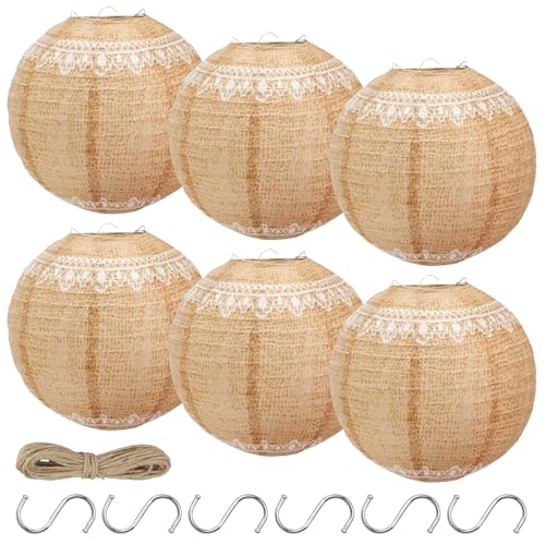 6 Stück Lampions mit Spitze - Laterne mit Weißes Spitzen, Hochzeitsdeko Vintage Braun Papier Laternen mit 6 S-Haken und Hanfseil Dekoration für Hochzeitsdeko, Hochzeit Party Deko,Gartenparty(20 cm) von CHICHI:OÜ
