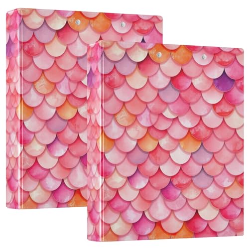 3,5 cm große Ordner, 3 Ringe, 2 Stück, Aquarellfarben, Rosa, Orange, Rot, Meerjungfrauenschuppen, dekoratives Drei-Ringbuch mit rutschfestem Clip, langlebige Basisordner für Schule, Büro, Zuhause von CHIFIGNO