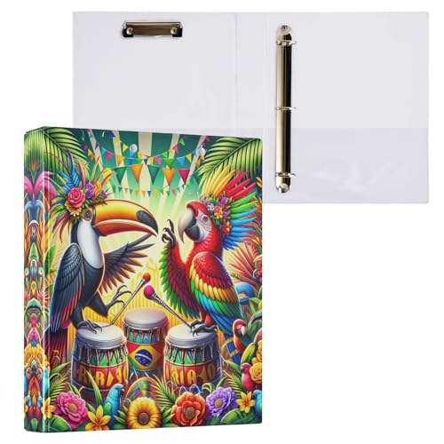 3,8 cm 3-Ringbinder, brasilianischer Karneval Papageien Blumen, dekorativer niedlicher Drei-Ringordner mit 3 Innentaschen, Notizbuchbinder für Arbeit, Schule, Büro, 1 Packung von CHIFIGNO
