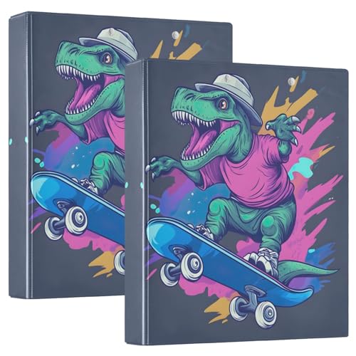 3,8 cm Ordner, 3 Ringe, 2 Stück, lustiger Skateboarding-Dinosaurier, dekorativer Drei-Ringordner mit rutschfestem Clip, Basisbuch, Notizbuch für Schulbedarf von CHIFIGNO