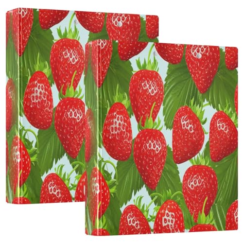 3,8 cm Ordner, 3 Ringe, 2 Stück, rote Erdbeeren, weiß, dekorativer niedlicher Ordner für 200 Blatt, vielseitige Ordner für Schule, Büro, Zuhause von CHIFIGNO