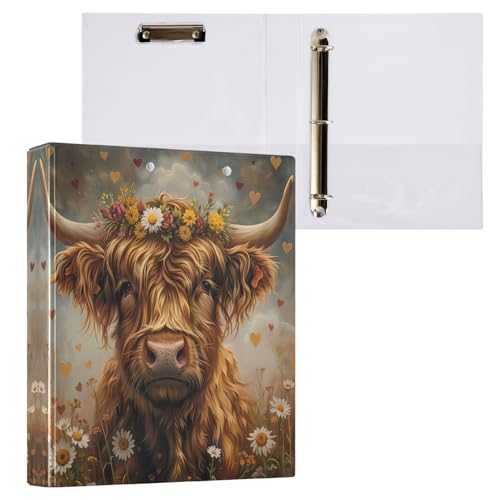 3,8 cm große Ordner mit 3 Ringen, Vintage-Highland-Kuh Gänseblümchen, dekorativer Drei-Ringordner mit rutschfestem Clip, grundlegender Ordner-Organizer für Schulbedarf, 1 Packung von CHIFIGNO