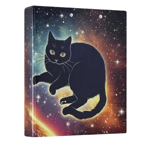 3,8 cm große Ordner mit 3 Ringen, schwarze Weltraumkatze, dekorativer niedlicher Drei-Ringordner für 200 Blatt, langlebige Basisordner für Schule, Bürobedarf, 1 Packung von CHIFIGNO