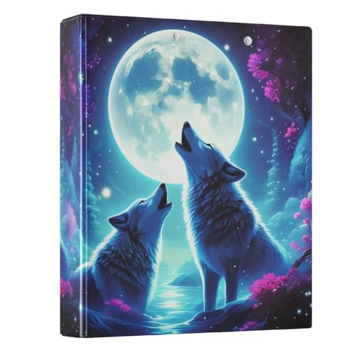 3-Ringbuch, 3,8 cm, Cool Wolves Moon Blue, Drei-Ringbuch, dekorativ mit 3 Innentaschen, Notizbuchordner für Schulbedarf, 1 Packung von CHIFIGNO