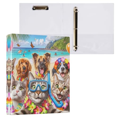 3 Ringbücher mit 3 Ringen, lustige hawaiianische Katzen und Hunde, dekoratives Drei-Ringbuch mit rutschfestem Clip, D-Ringbuch für Schulbedarf, 1 Packung von CHIFIGNO
