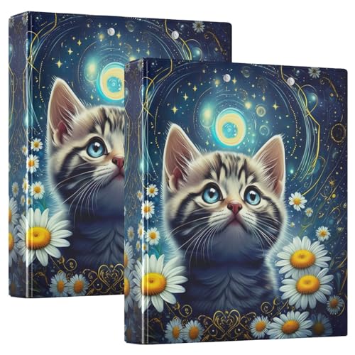 3-Ringordner mit niedlicher Katze, blaue Gänseblümchen, Sternennacht, 3,8 cm, niedlicher Ordner mit drei Ringen mit 3 Innentaschen, D-Ringbücher für Arbeit, Schule, Büro, 2 Stück von CHIFIGNO