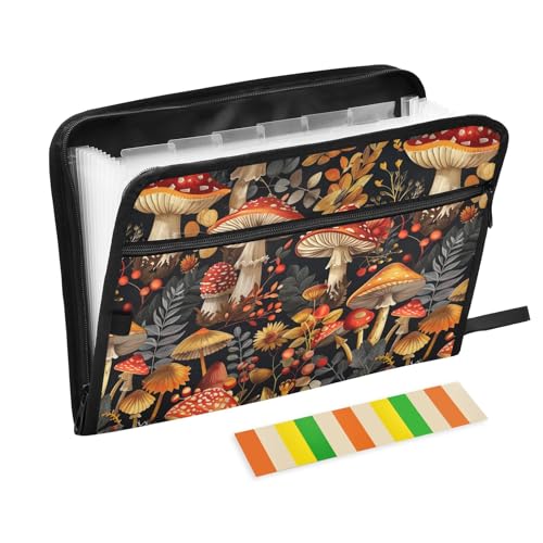 Akkordeon-Aktenordner im Vintage-Stil, Retro-Pilz-Design, Reißverschluss, 13 Fächer, Fächermappe mit Etiketten, A4, Briefgröße, Dokumenten-Organizer für Büro, Klassenzimmer, College Akkordeon-Aktenordner im Vintage-Stil, Retro-Pilz-Design, Reißverschluss, 13 Fächer, Fächermappe mit Etiketten, A4, Briefgröße, Dokumenten-Organizer für Büro, Klassenzimmer, College von CHIFIGNO