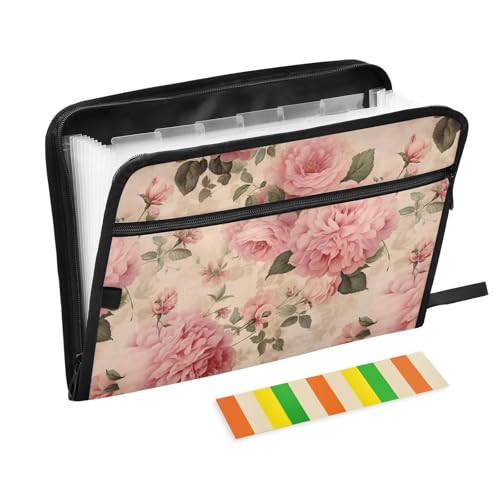 Akkordeon-Aktenordner mit 13 Fächern, A4-Format, A4, mit Reißverschluss, tragbarer Dokumenten-Organizer im Vintage-Stil, rosa Blumen Akkordeon-Aktenordner mit 13 Fächern, A4-Format, A4, mit Reißverschluss, tragbarer Dokumenten-Organizer im Vintage-Stil, rosa Blumen von CHIFIGNO