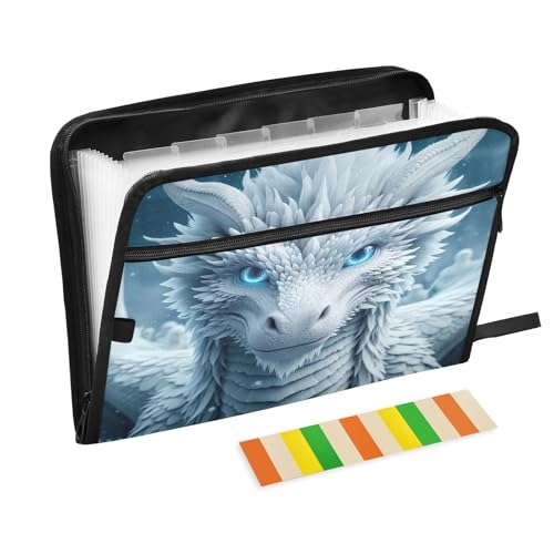 Akkordeon-Aktenordner mit 13 Fächern, Fächermappe mit Etiketten, tragbarer Aktenordner mit Reißverschluss, A4, Briefgröße, Dokumenten-Organizer mit weißem Drachen und blauen Augen Akkordeon-Aktenordner mit 13 Fächern, Fächermappe mit Etiketten, tragbarer Aktenordner mit Reißverschluss, A4, Briefgröße, Dokumenten-Organizer mit weißem Drachen und blauen Augen von CHIFIGNO