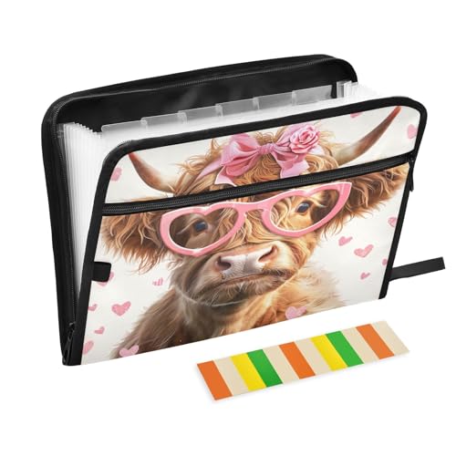 Akkordeon-Aktenordner mit 13 Fächern, mit Reißverschluss, Hochlandkuh, rosa Brille, Fächermappe für Dokumente, A4, Briefgröße, tragbare Aktenordner mit Etiketten von CHIFIGNO