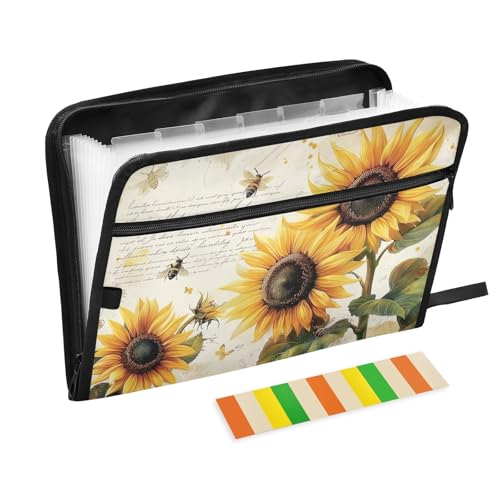 Akkordeon-Aktenordner mit 13 Fächern, mit Reißverschluss, Retro-Sonnenblumen, Bienen, Fächermappe für Dokumente, tragbare A4-Aktenordner mit Etiketten Akkordeon-Aktenordner mit 13 Fächern, mit Reißverschluss, Retro-Sonnenblumen, Bienen, Fächermappe für Dokumente, tragbare A4-Aktenordner mit Etiketten von CHIFIGNO