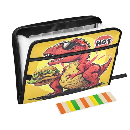 Akkordeon-Aktenordner mit 13 Fächern, mit Reißverschluss, roter Dinosaurier, Hamburger, Gelb, Fächermappe für Dokumente, A4, Briefgröße, tragbare Aktenordner mit Etiketten Akkordeon-Aktenordner mit 13 Fächern, mit Reißverschluss, roter Dinosaurier, Hamburger, Gelb, Fächermappe für Dokumente, A4, Briefgröße, tragbare Aktenordner mit Etiketten von CHIFIGNO