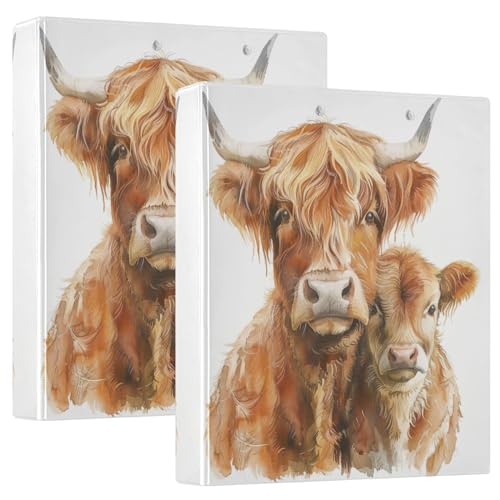 Aquarell-Highland-Kühe, 3,8 cm, 3-Ringbuch, Basis-Notizbuch für 200 Blatt, niedlicher Ordner, drei Ringe für Schulbedarf, 2 Stück Aquarell-Highland-Kühe, 3,8 cm, 3-Ringbuch, Basis-Notizbuch für 200 Blatt, niedlicher Ordner, drei Ringe für Schulbedarf, 2 Stück von CHIFIGNO